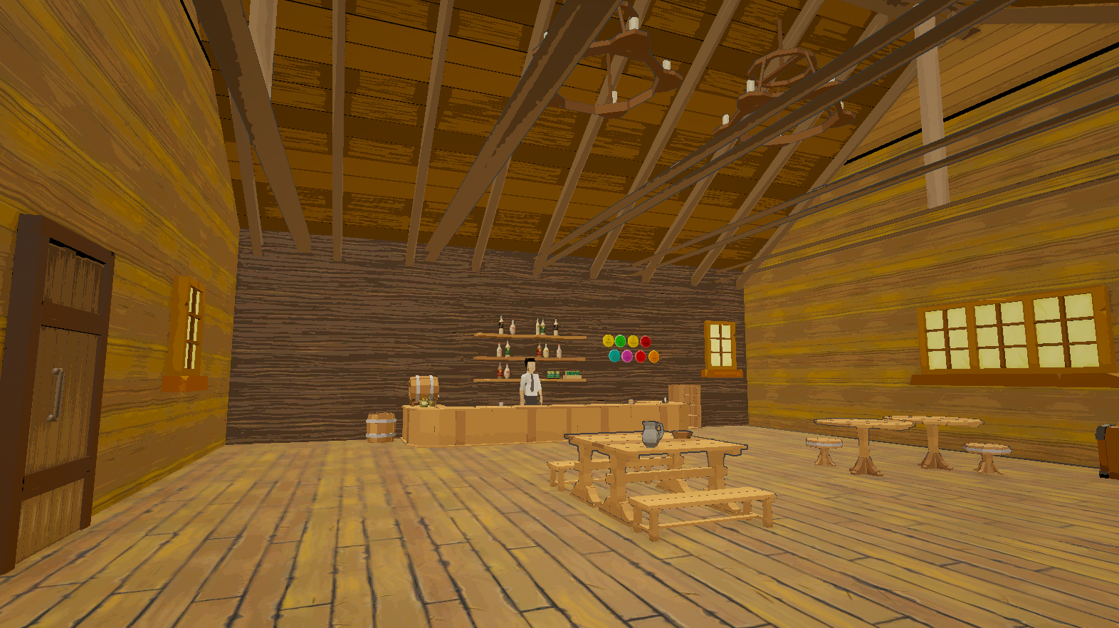 Whisky bar interior with bartender