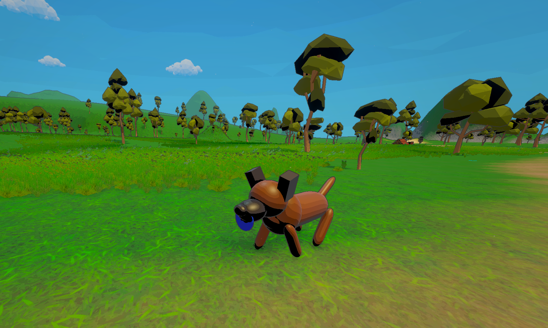 Low-poly dog running across the fairway carrying a blue disc