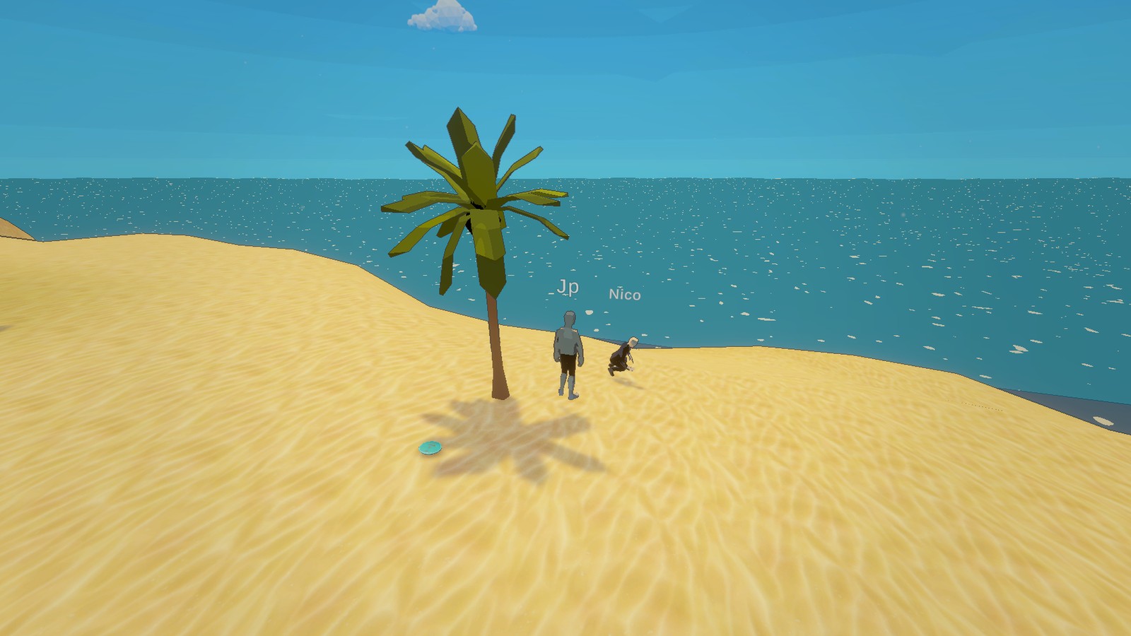 Beach course with palm tree and turquoise disc in the sand