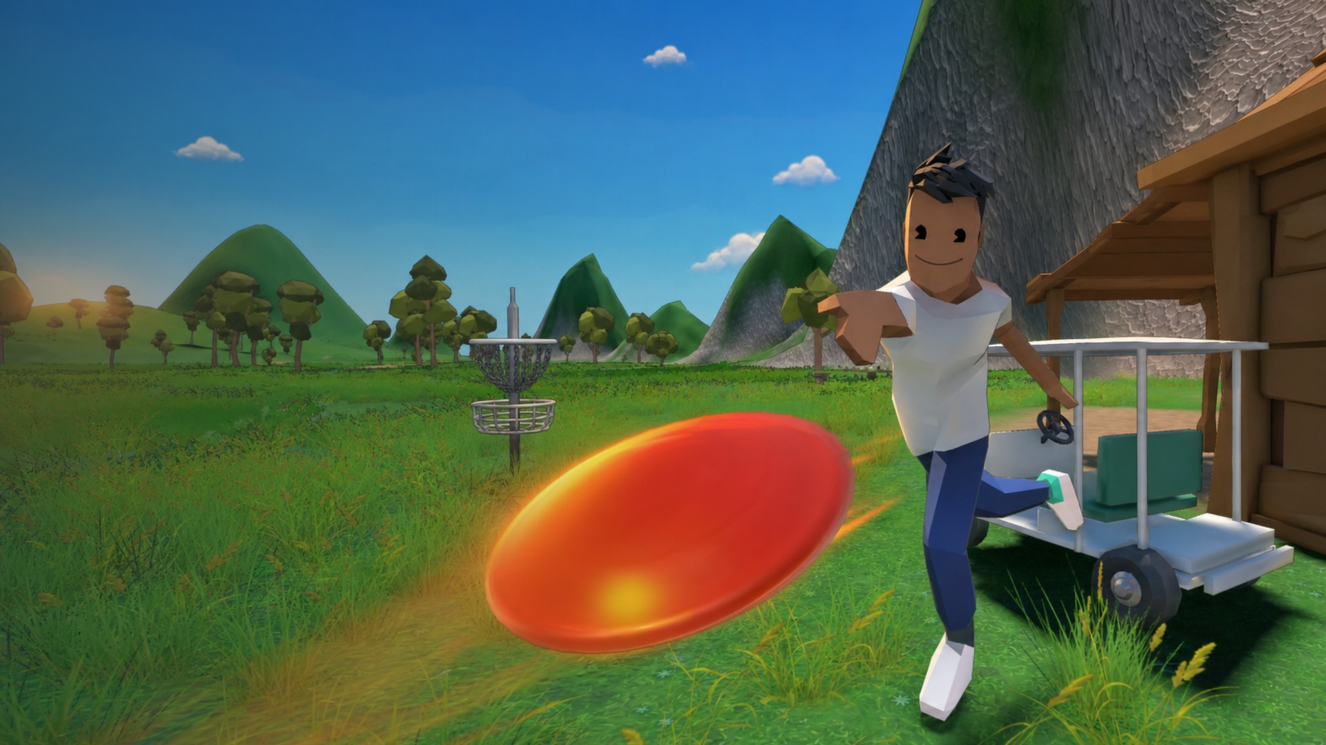 Whisky Disky low-poly hero art — character throwing a glowing orange disc across a sunny disc golf course with a golf cart and cabin