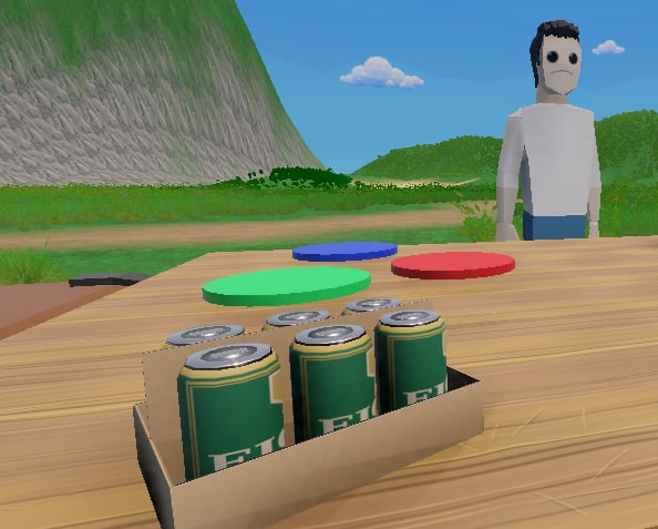 Six-pack of Fu beers next to colored discs on a table