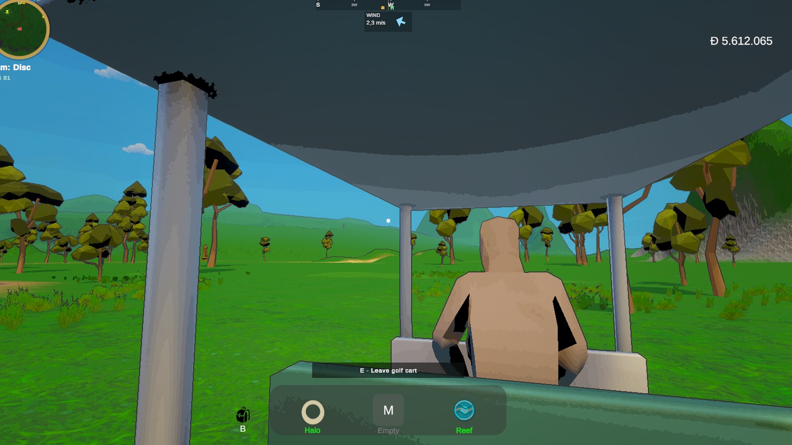 Driving a golf cart across a low-poly course