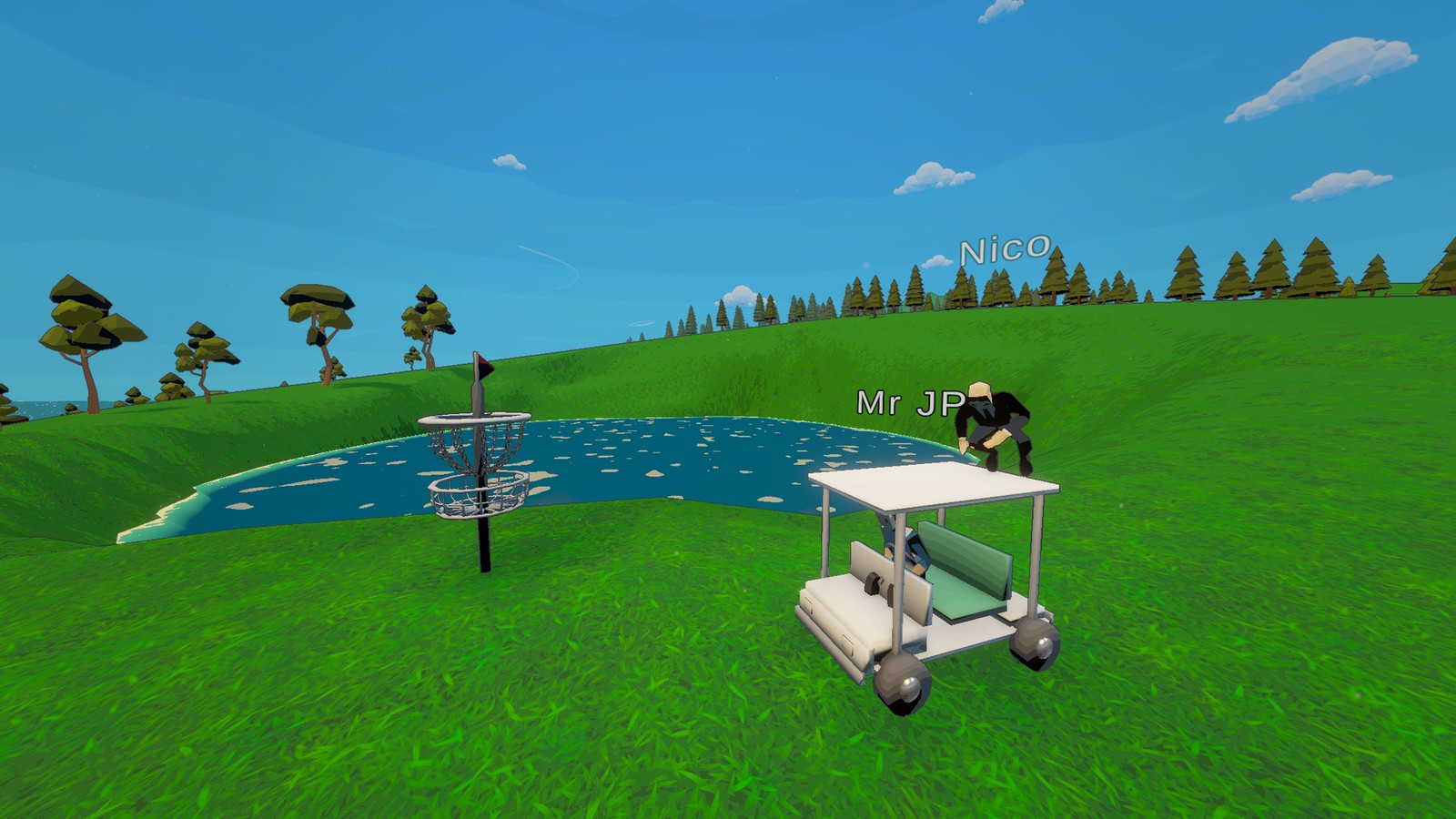 Co-op golf cart parked by a lake basket